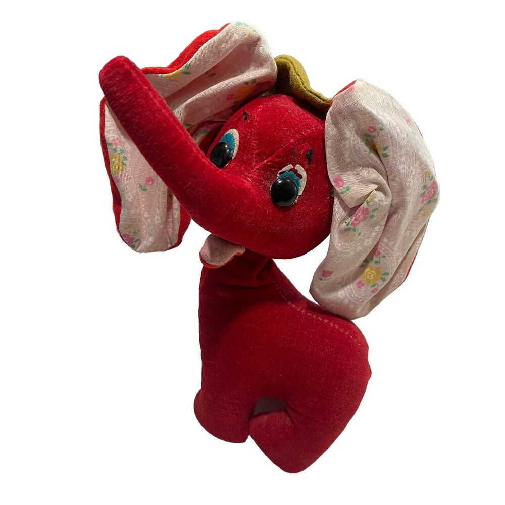 Red Elephant Plush Velvet Vintage Carnival Stuffed Animal Made In Japan 7”